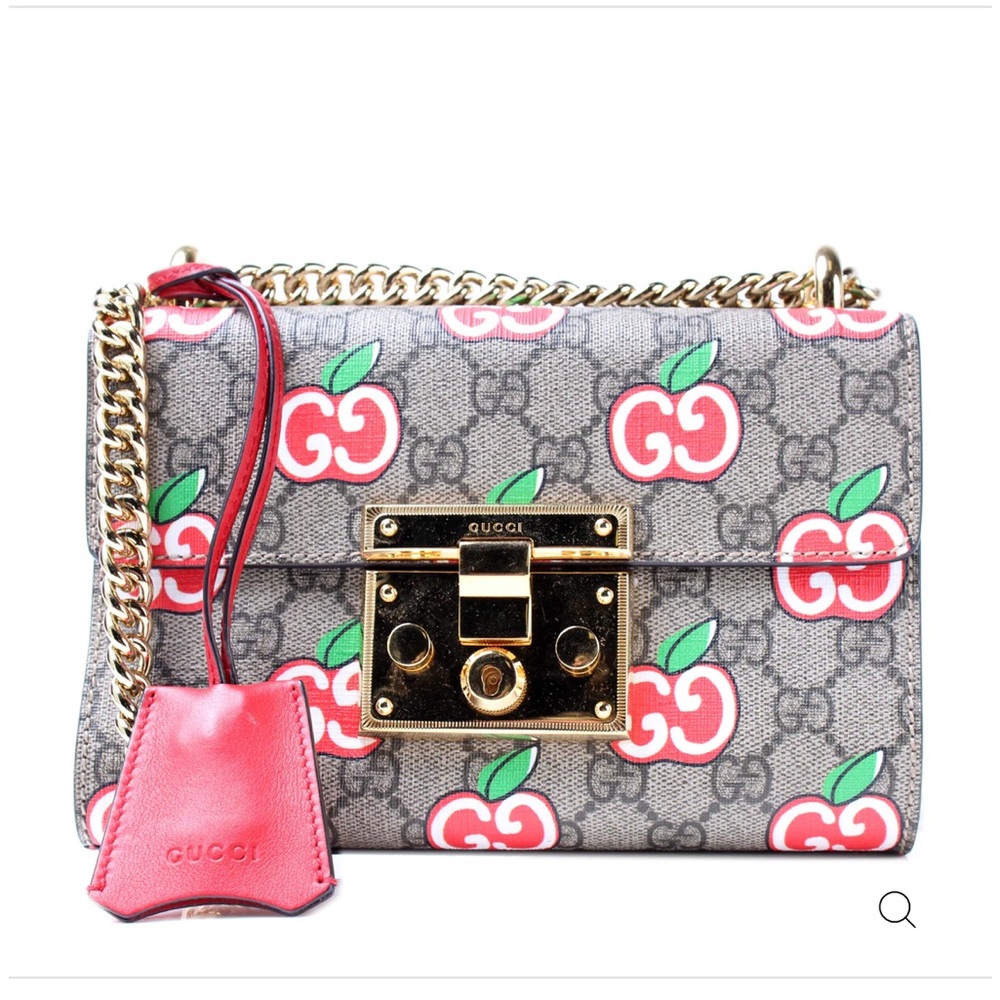 Authentic Gucci GG Supreme Apple Small Padlock Shoulder Bag (Style 409487)
